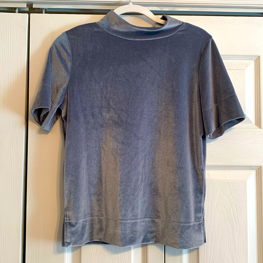 Anthropologie, Krisha Blue Velvet Short Sleeve Mock Neck, Size Small, EUC